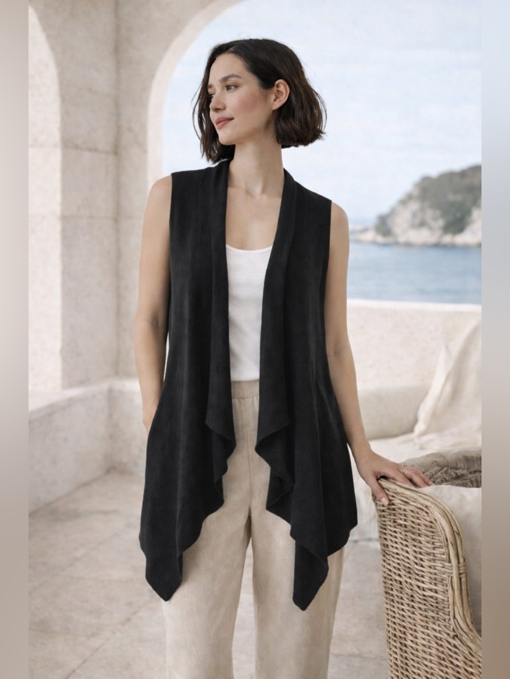 Cullen 100% Cashmere Black Sleeveless Waterfall Cardigan Vest Size Large